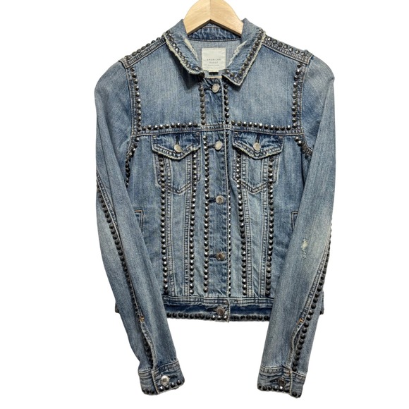 New American Eagle Outfitters Studded Denim Jacket Blue Distressed XS - Picture 3 of 12